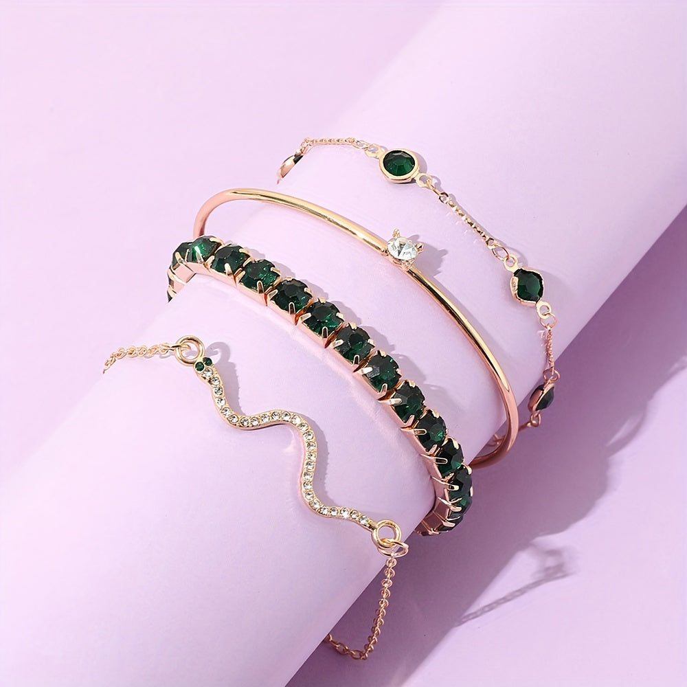 Elegant 4-Piece Gold Bracelet Set with Green Gemstones & Rhinestones