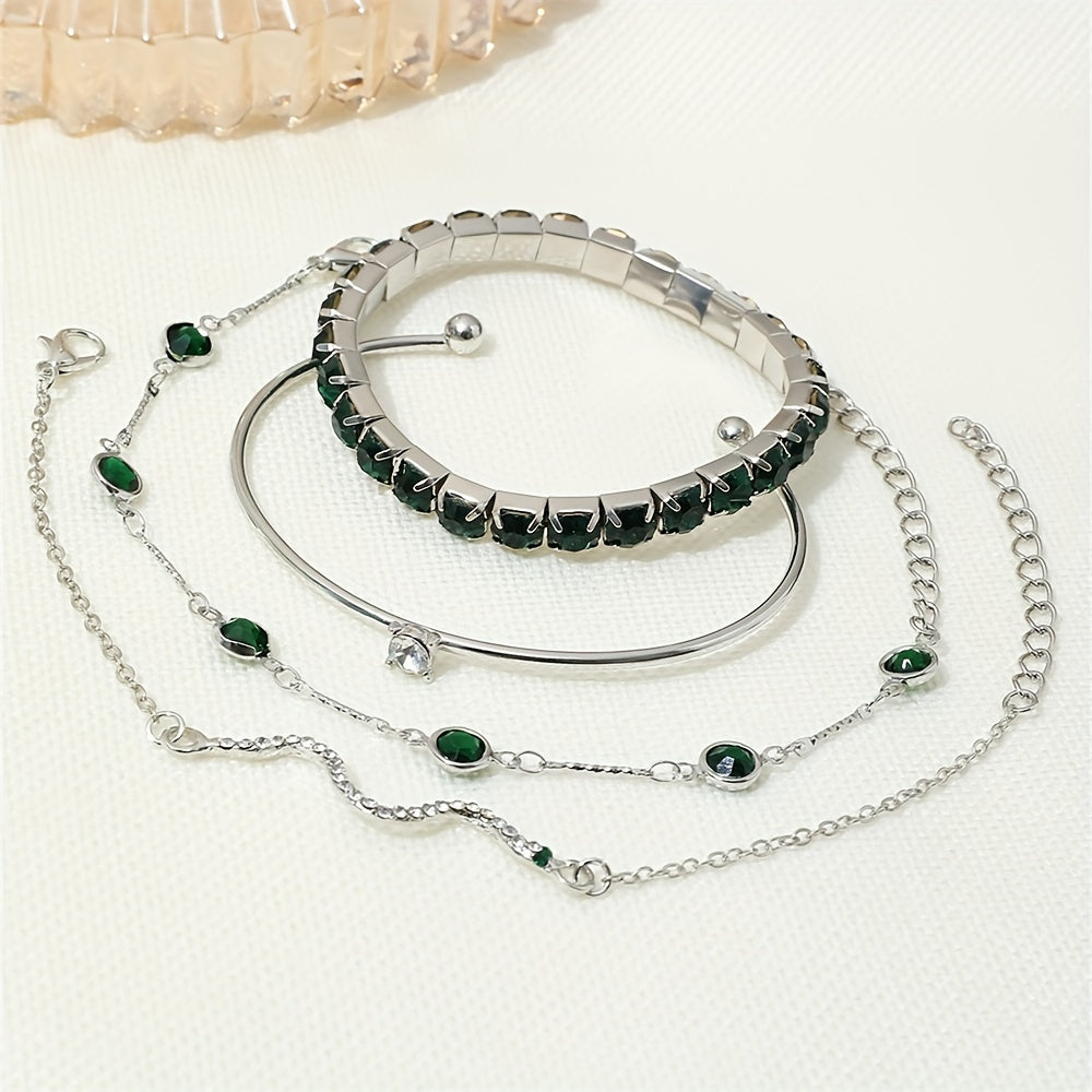 Elegant 4-Piece Gold Bracelet Set with Green Gemstones & Rhinestones