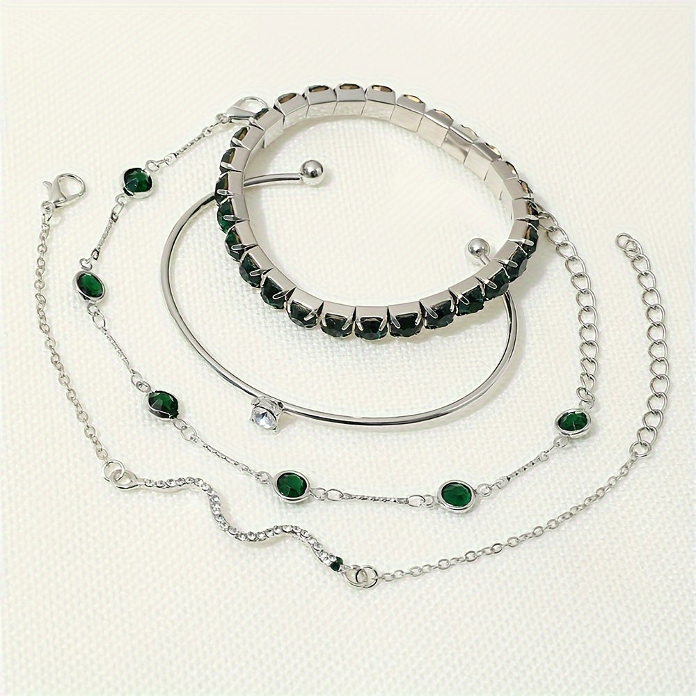 Elegant 4-Piece Gold Bracelet Set with Green Gemstones & Rhinestones