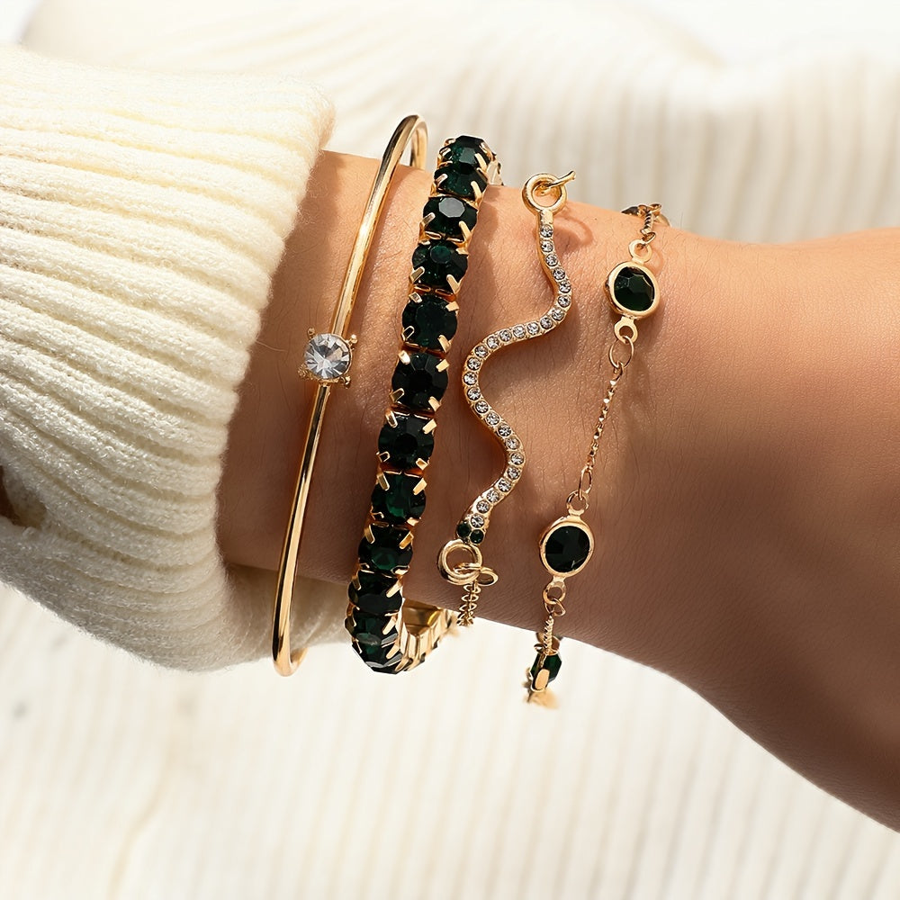 Elegant 4-Piece Gold Bracelet Set with Green Gemstones & Rhinestones