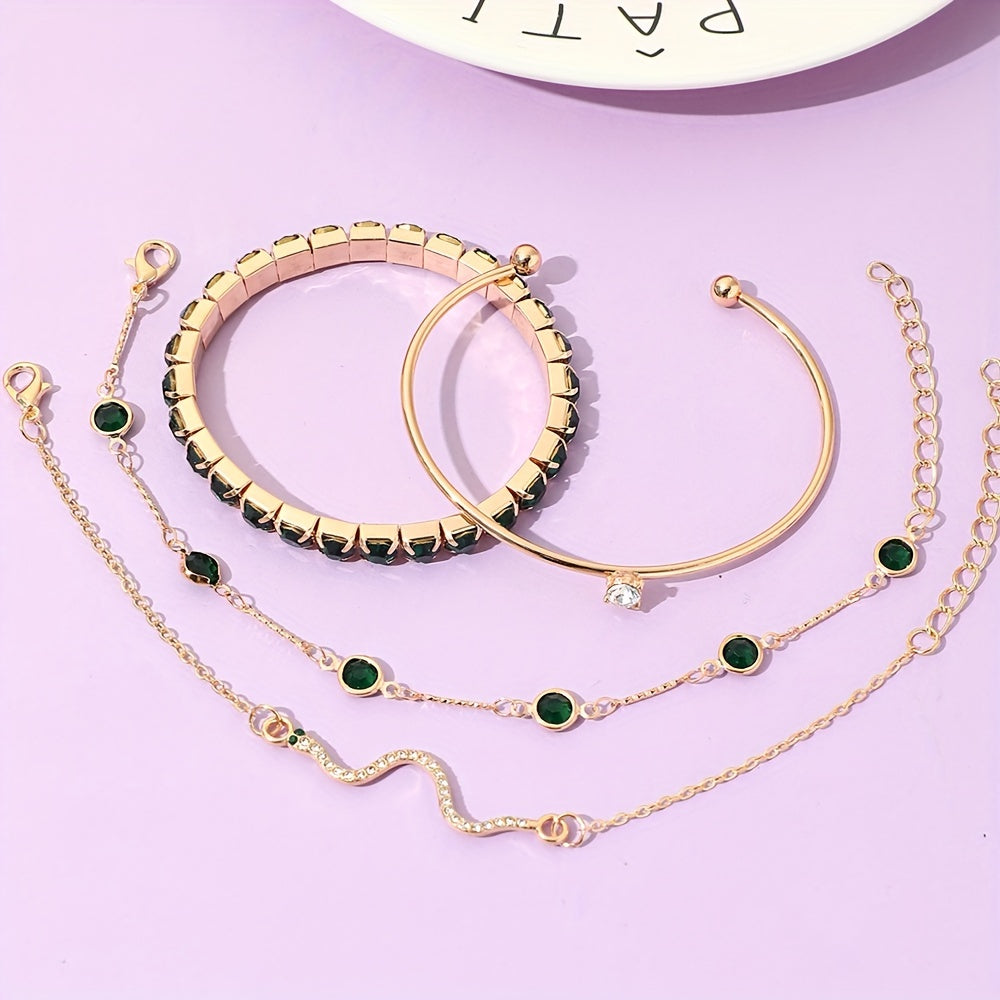 Elegant 4-Piece Gold Bracelet Set with Green Gemstones & Rhinestones