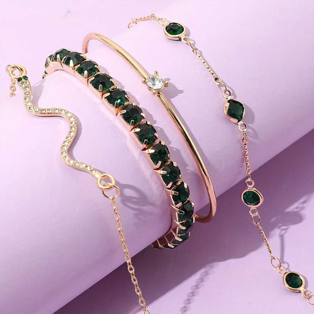 Elegant 4-Piece Gold Bracelet Set with Green Gemstones & Rhinestones