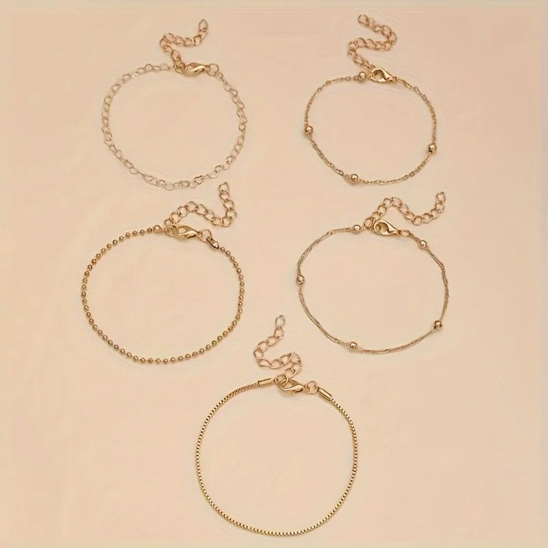 Elegant Gold Chain Bracelets Set - 5 Stackable Zinc Alloy Pieces for Everyday Style