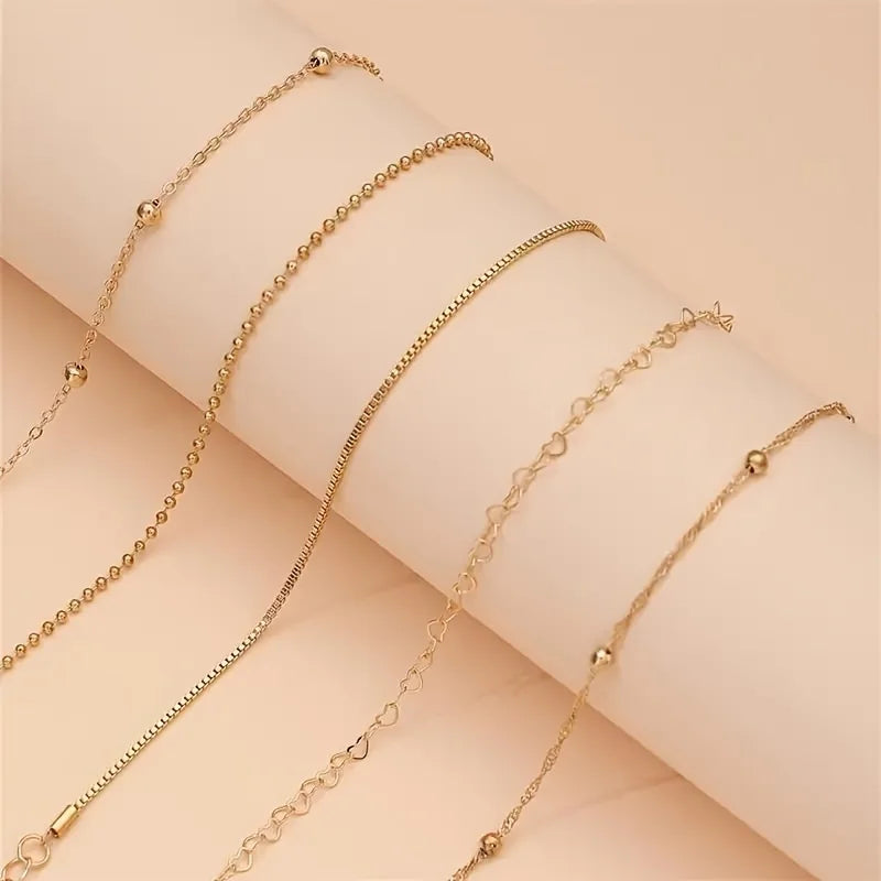 Elegant Gold Chain Bracelets Set - 5 Stackable Zinc Alloy Pieces for Everyday Style