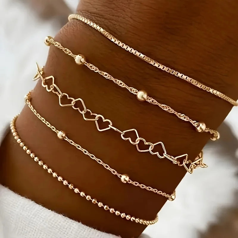 Elegant Gold Chain Bracelets Set - 5 Stackable Zinc Alloy Pieces for Everyday Style