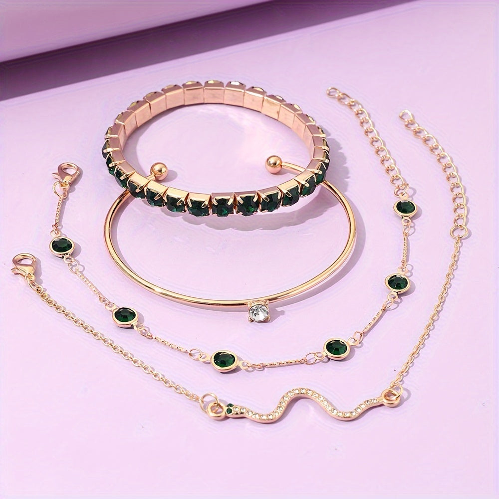 Elegant 4-Piece Gold Bracelet Set with Green Gemstones & Rhinestones