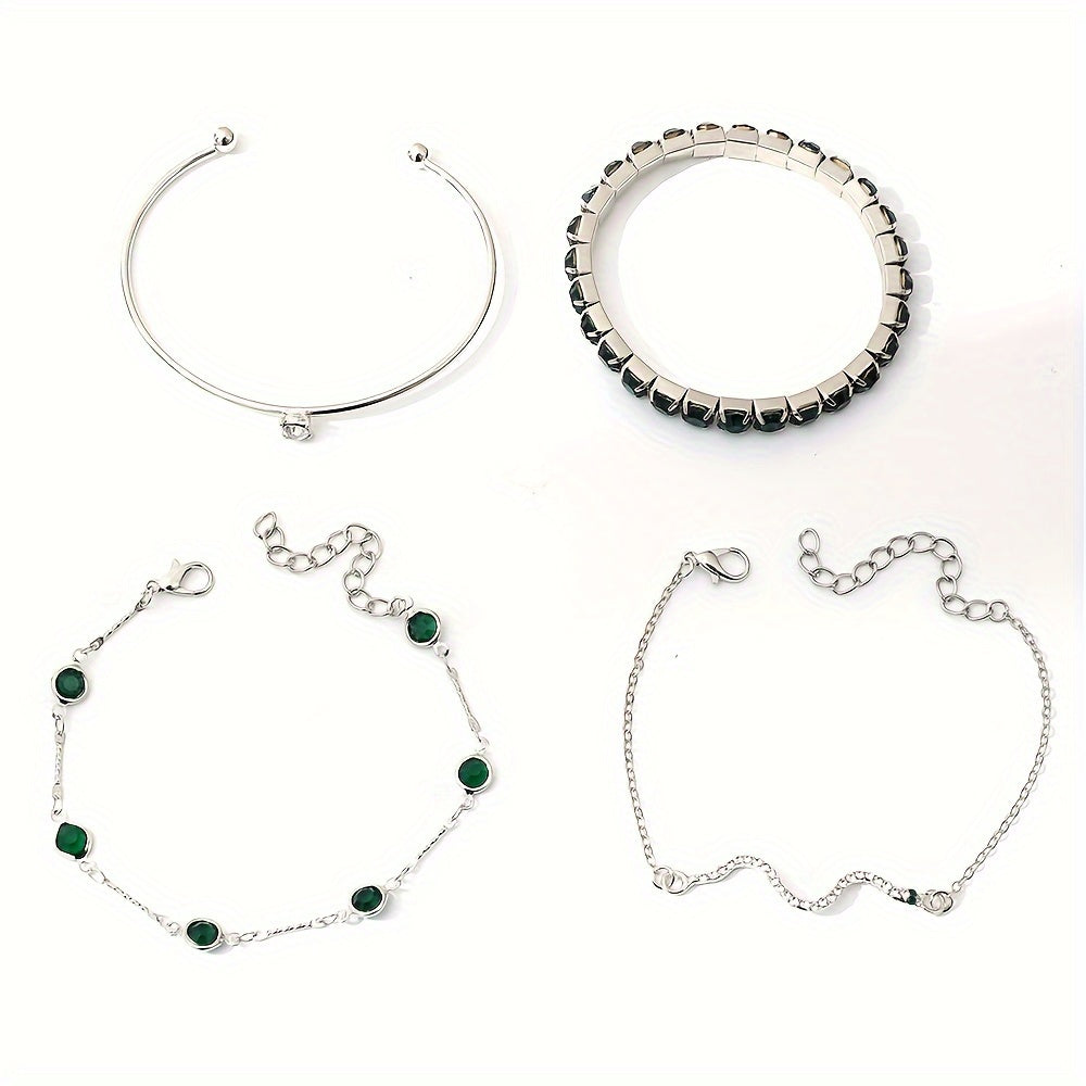 Elegant 4-Piece Gold Bracelet Set with Green Gemstones & Rhinestones