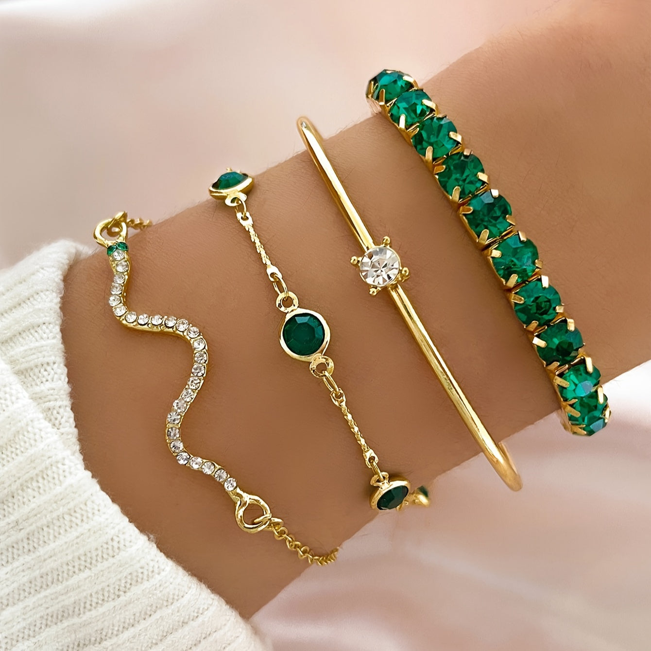 Elegant 4-Piece Gold Bracelet Set with Green Gemstones & Rhinestones